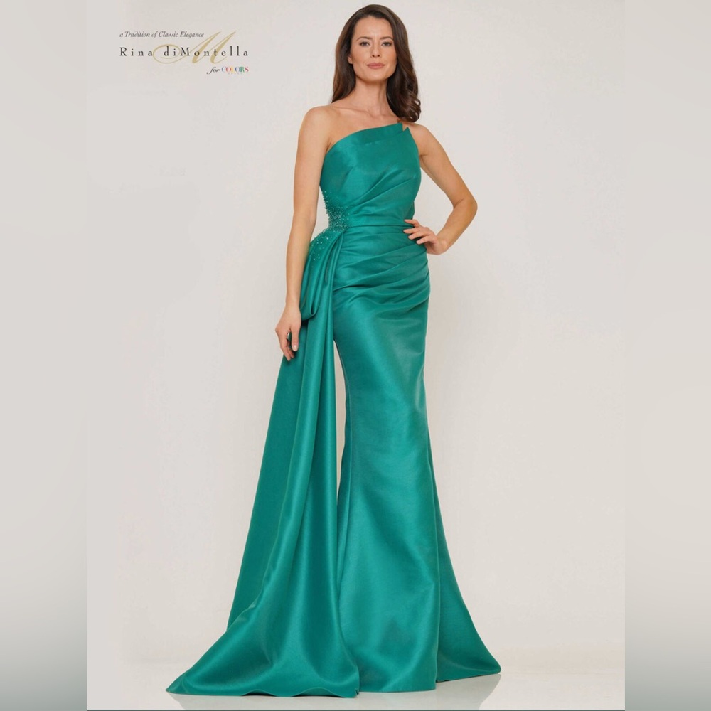 Rina diMontella Asymmetrical Ruched Green Gown Style #RD2750